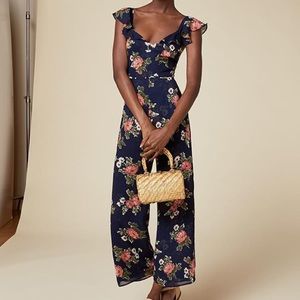 Reformation Navy Floral Jumpsuit with Pink Rose Print